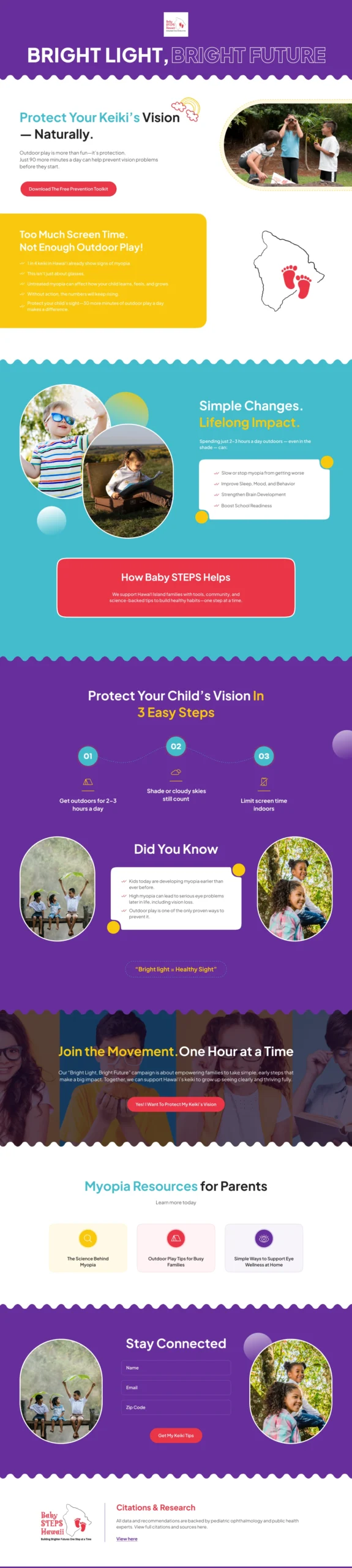 Purposeful UI design for Myopia landing page, part of the ‘Bright Light, Bright Future’ campaign by Baby STEPS Hawaii, designed for The Advocacy Agency, clean and engaging user experience by Draftss, healthcare campaign landing page, unlimited UI design, UI design example, Draftss, unlimited graphic design