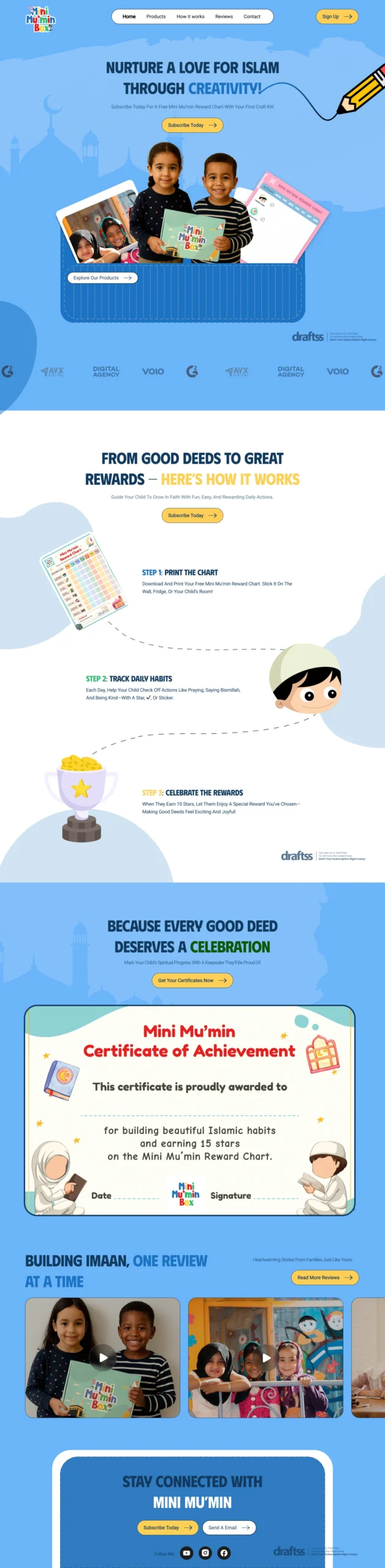 Landing page design for Mini Mu'min Box, engaging website layout to help Muslim children build Islamic habits, educational kids product, fun and positive UX by Draftss, unlimited landing page design, landing page example. draftss, custom landing page design, ui/ux design