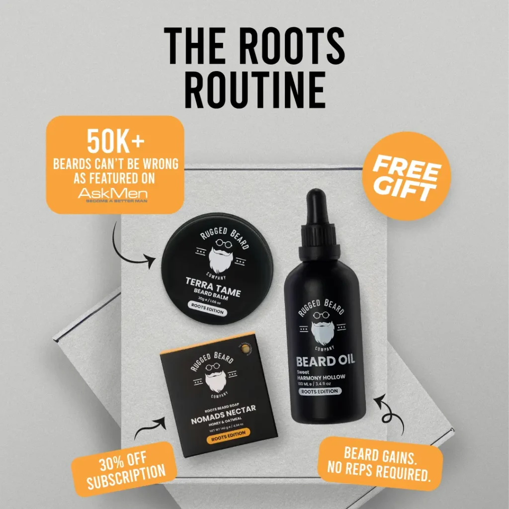 Product mockup social media post for Rugged Beard Co featuring Roots Routine set: Terra Tame beard balm, beard oil, and Nomads Nectar soap, promotional details, 30% off subscription, free gift offer, sleek minimalist branding, designed by Draftss, unlimited social media design, grooming product promotional example, unlimited graphic designs, draftss, draftss portfolio, Social Media Post & Profile Designs