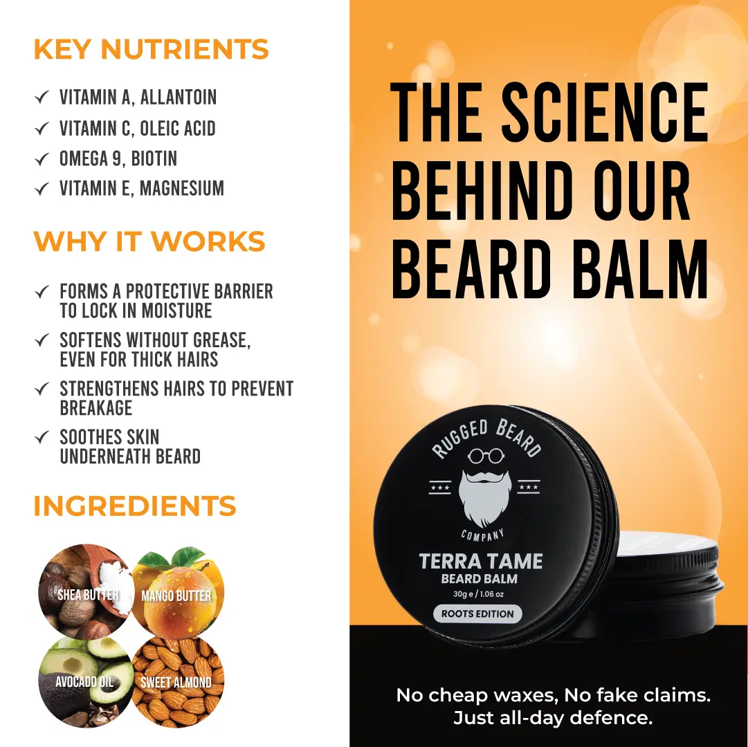 Promotional social media post for Rugged Beard Co Terra Tame Beard Balm, featuring key nutrients and natural ingredients like shea butter, mango butter, avocado oil, and sweet almond, benefits for softening and strengthening beard hair, designed by Draftss, unlimited social media design, grooming product post example, unlimited graphic designs, draftss, draftss portfolio, Social Media Post & Profile Designs