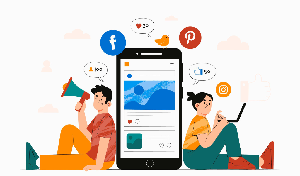 Illustration of two graphic designers designing social media designs for startups. 