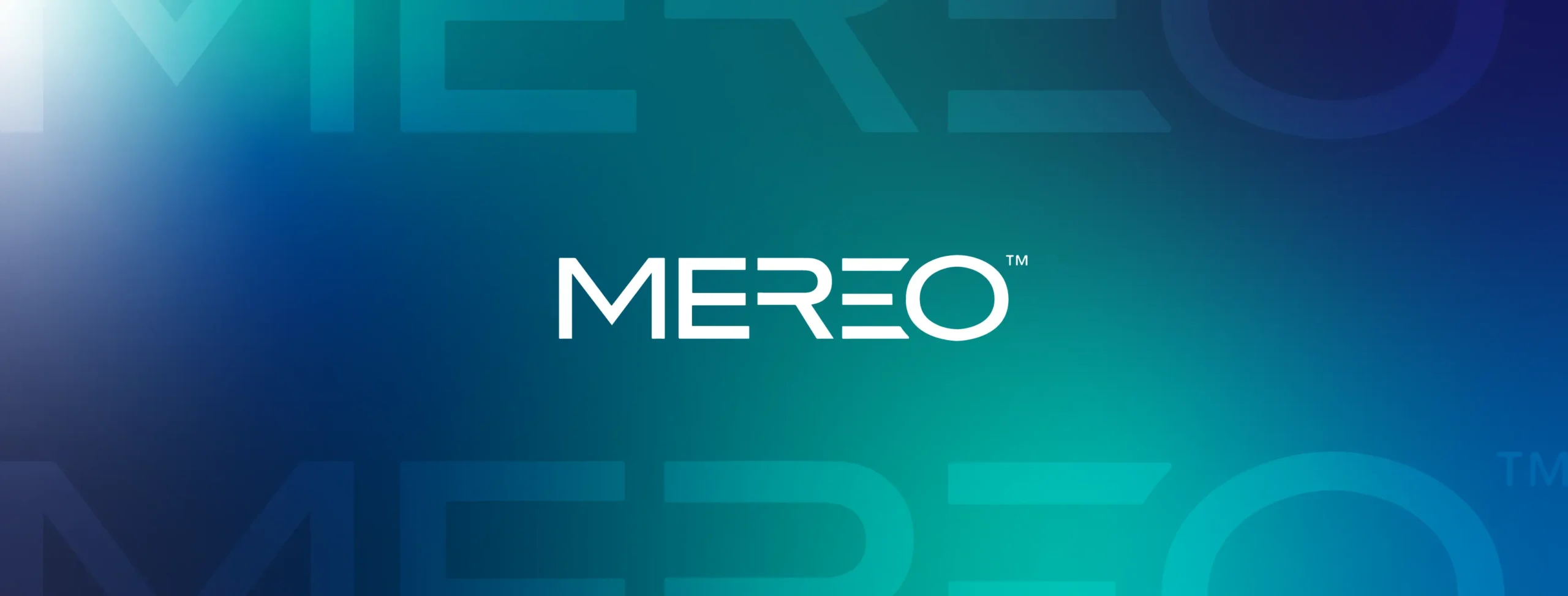Modern Facebook cover image for Mereo featuring bold white logo on a blue-green gradient background with subtle brand name overlays, designed by Draftss, unlimited social media design, business Facebook cover example, unlimited graphic designs, draftss, draftss portfolio, Social Media Post & Profile Designs