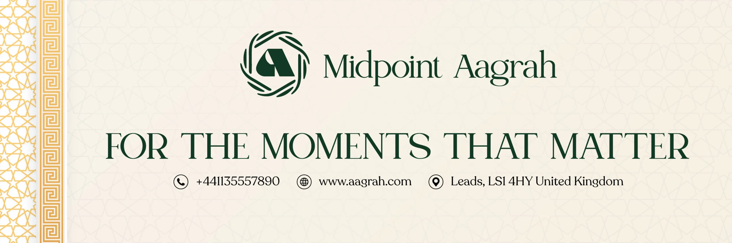 Elegant Facebook cover image for Midpoint Aagrah, featuring brand logo, tagline "For the moments that matter," contact details, and ornate golden border accents, designed by Draftss, unlimited social media design, business Facebook cover example, unlimited graphic designs, draftss, draftss portfolio, Social Media Post & Profile Designs