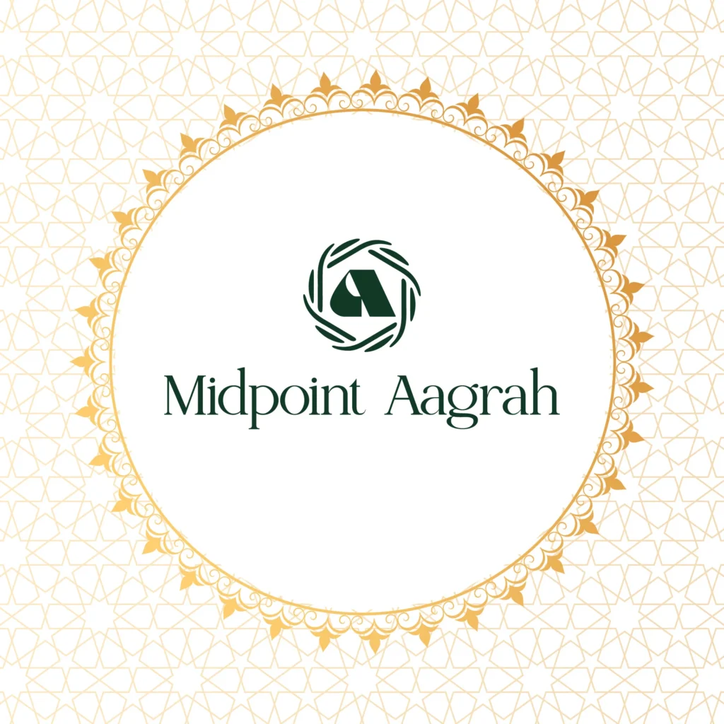 Facebook profile image for Midpoint Aagrah featuring elegant green logo and brand name within an ornate gold geometric circular frame, Islamic-inspired design, created by Draftss, unlimited social media design, business profile image example, unlimited graphic designs, draftss, draftss portfolio, Social Media Post & Profile Designs
