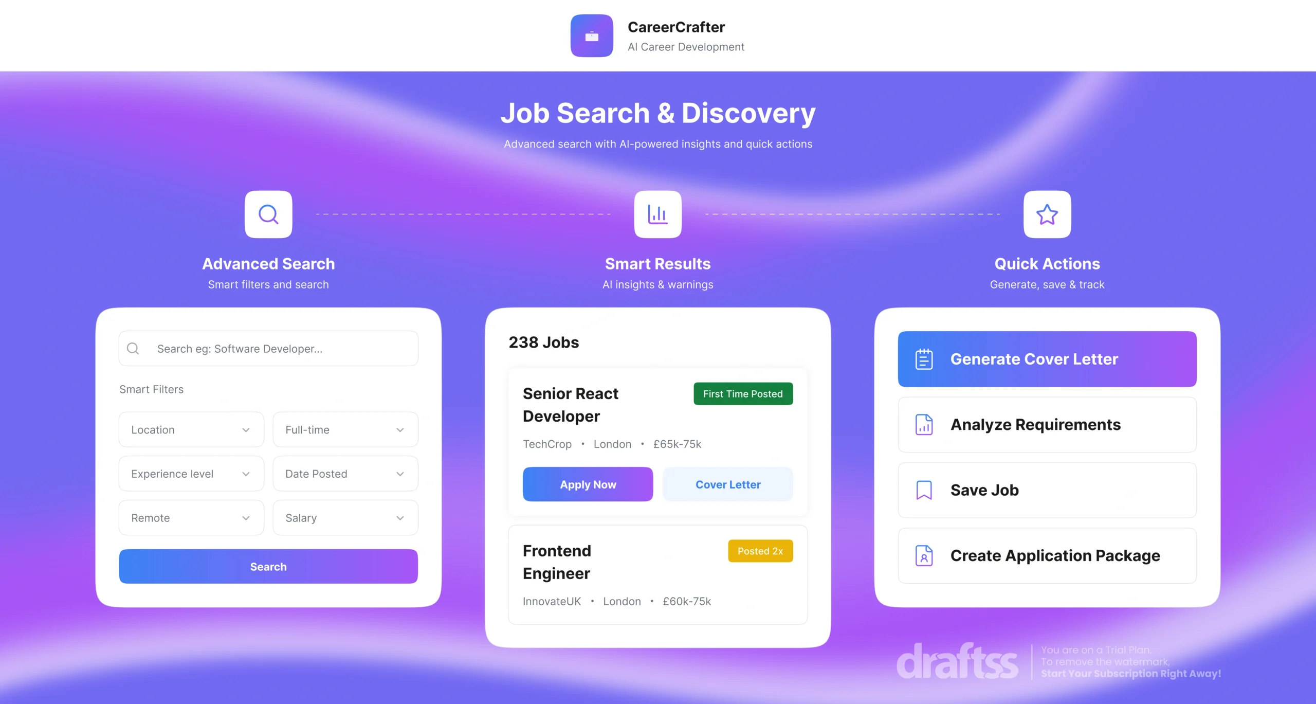 Flow graphics UI design for CareerCrafter’s How It Works page, featuring advanced job search, AI-powered insights, and quick application actions in a modern purple interface, designed by Draftss, unlimited UI design, career website flow example, unlimited graphic designs, draftss, draftss portfolio, custom landing page designs, UI/UX Design - How It Works page