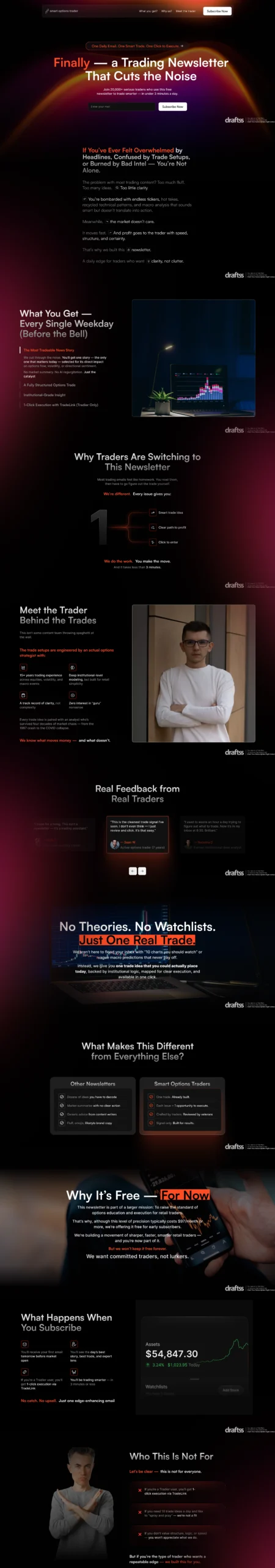 Landing page UI design for SOT trading newsletter, modern and visually dynamic layout featuring bold headlines, service highlights, trader testimonials, subscription details, comparison tables, and call-to-action sections, created by Draftss, unlimited UI design, trading newsletter website designs example, unlimited graphic designs, draftss, draftss portfolio, custom landing page designs